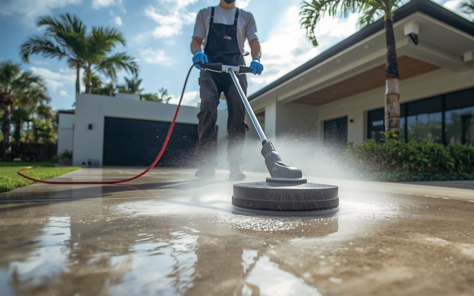 Technician pressure washing a driveway